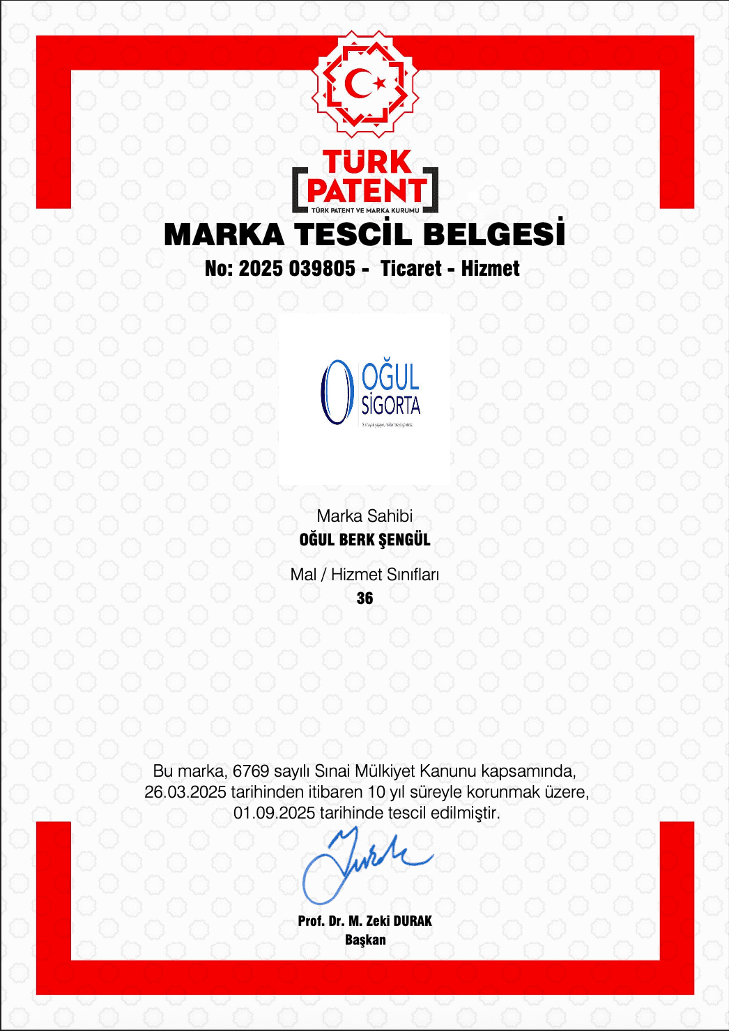 Oğul Sigorta marka tescil belgesi No: 2026/011993