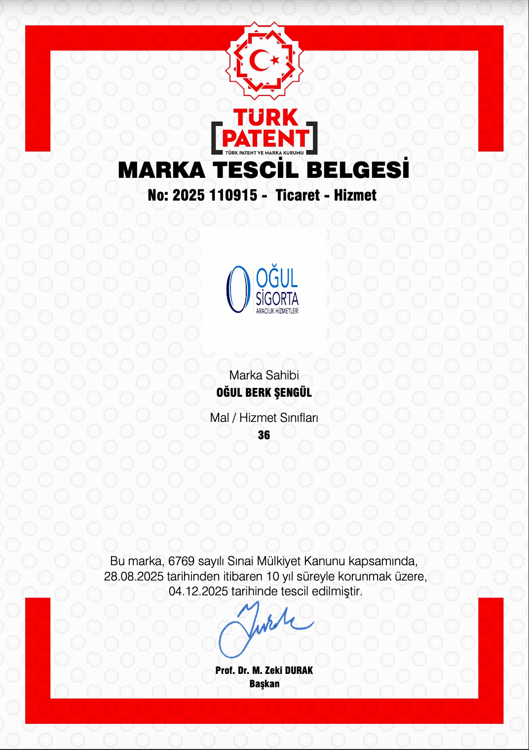 Oğul Sigorta marka tescil belgesi
