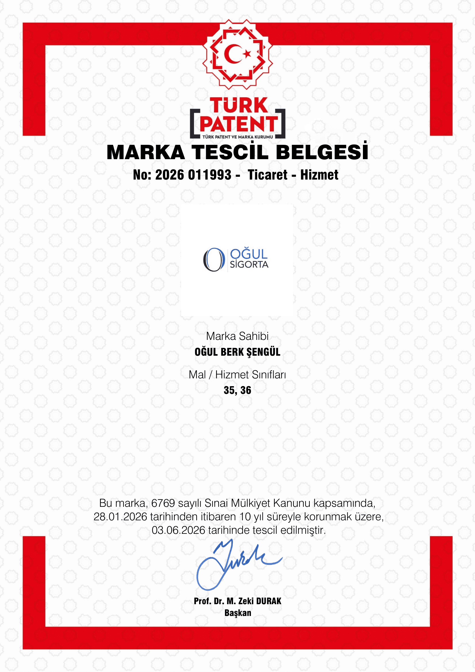 Oğul Sigorta ve Reasürans Brokerliği marka tescil belgesi No: 2026/011993