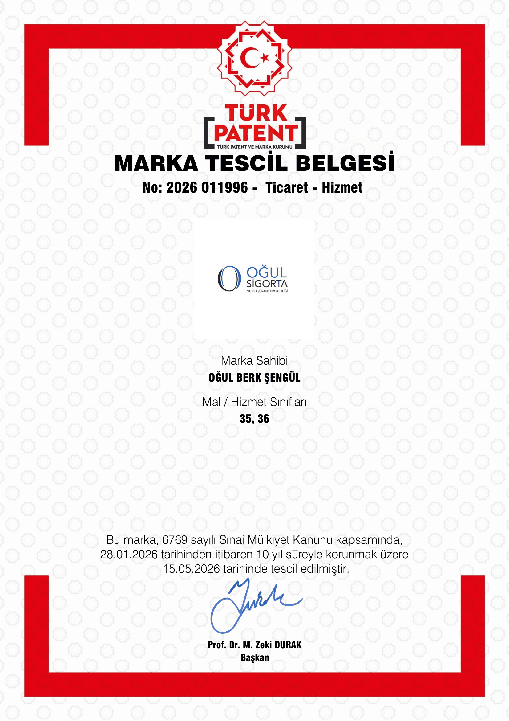 Oğul Sigorta ve Reasürans Brokerliği marka tescil belgesi No: 2026/011996