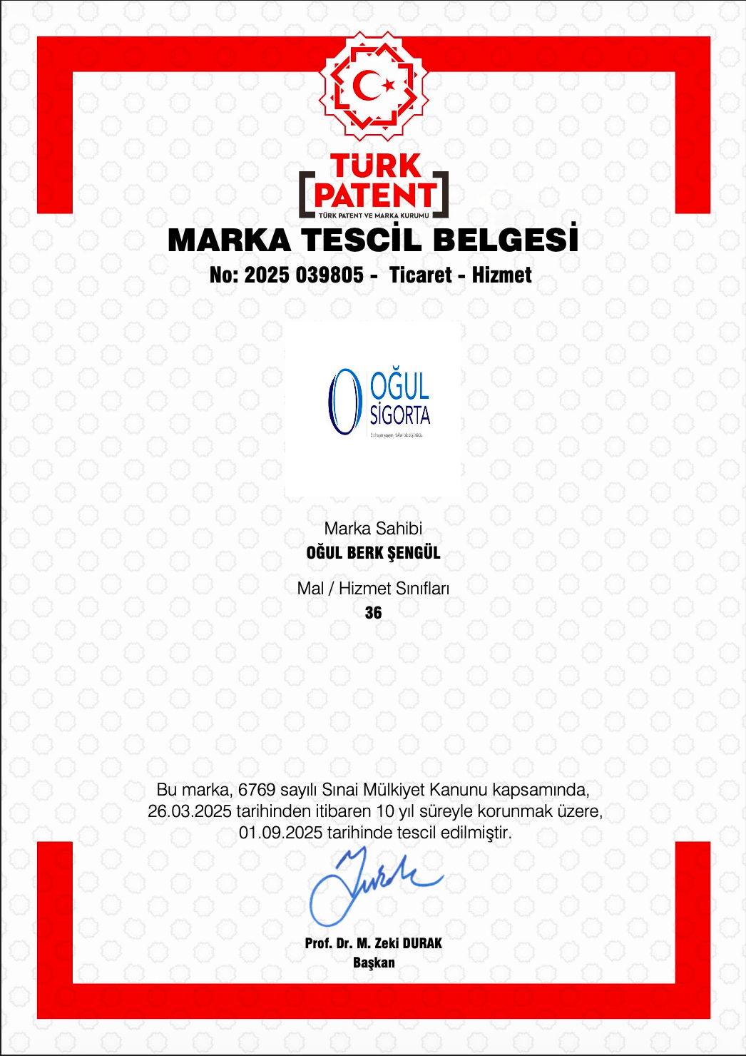 Oğul Sigorta patent belgesi
