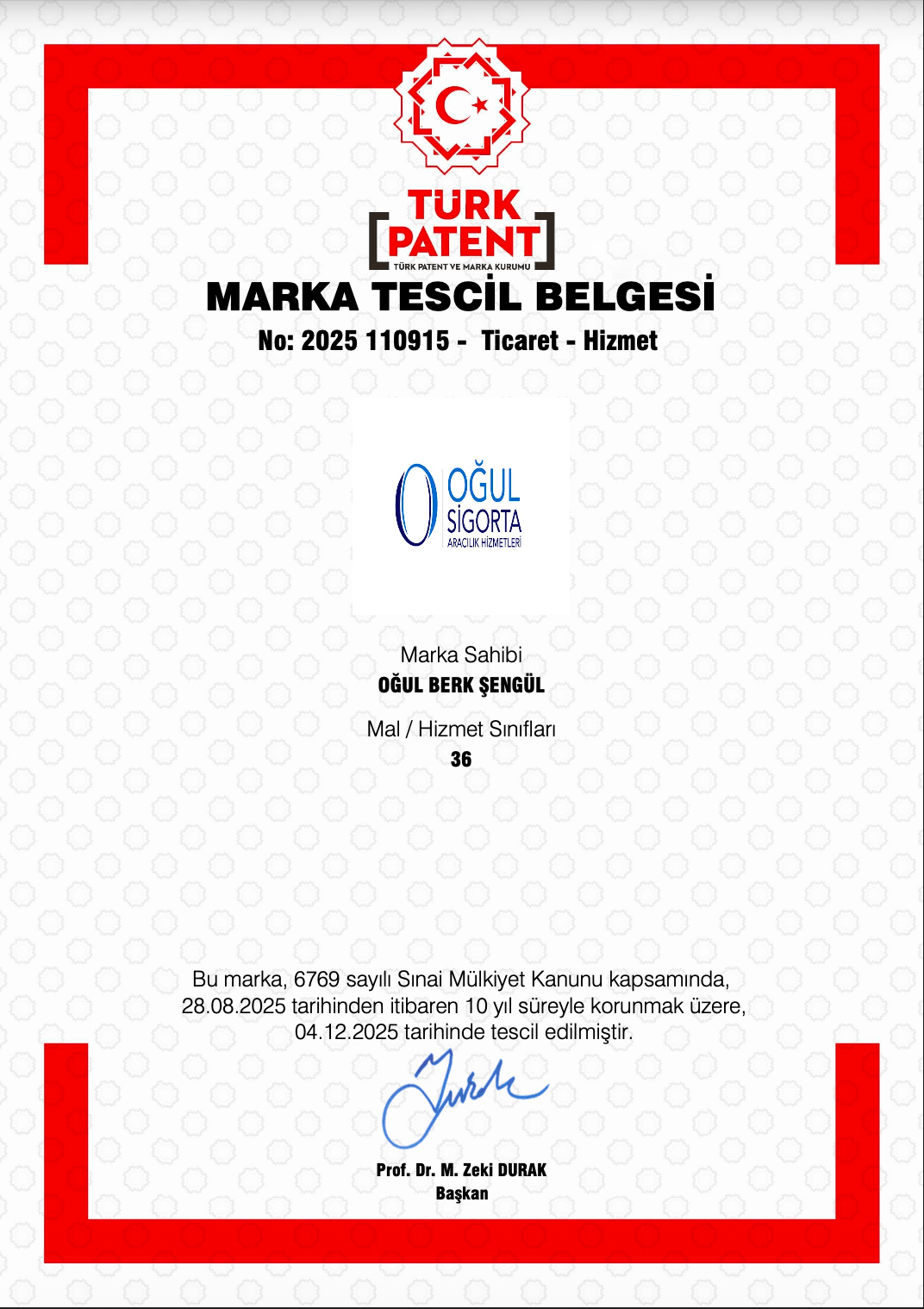 Oğul Sigorta marka tescil belgesi, TÜRK PATENT