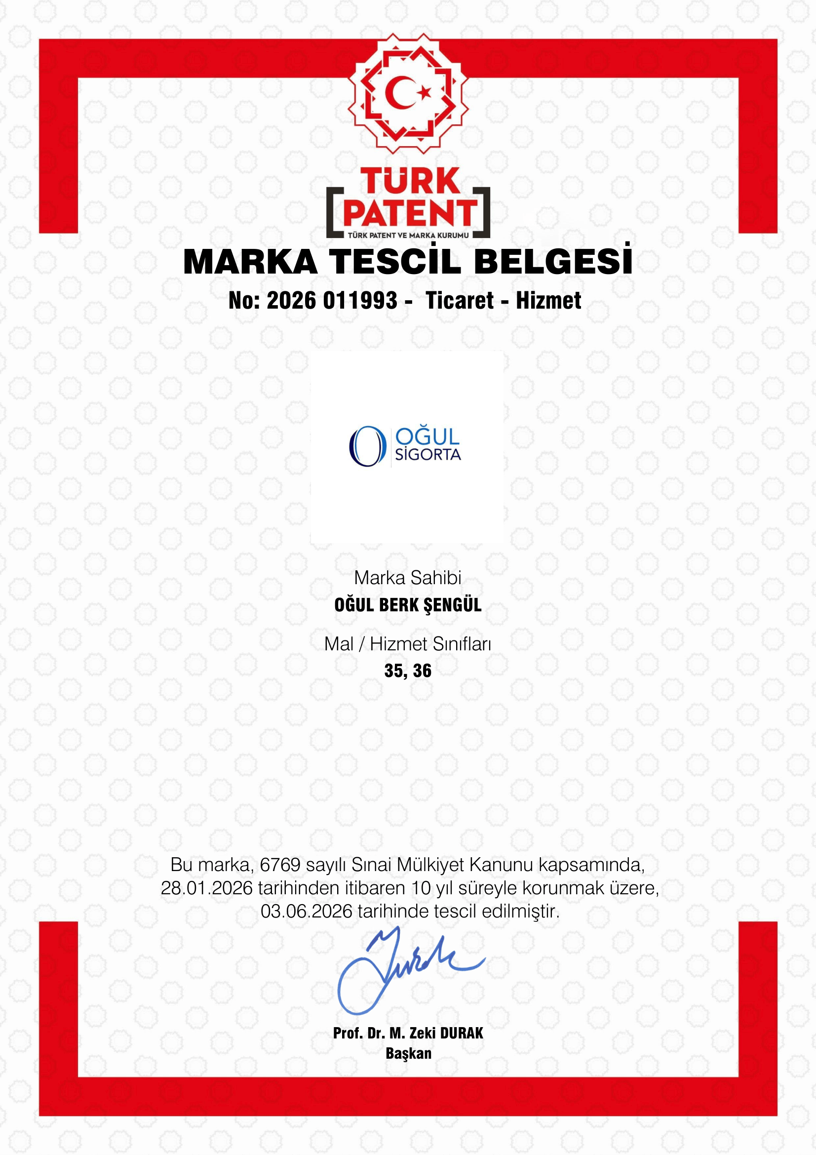 Oğul Sigorta ve Reasürans Brokerliği marka tescil belgesi No: 2026/011993