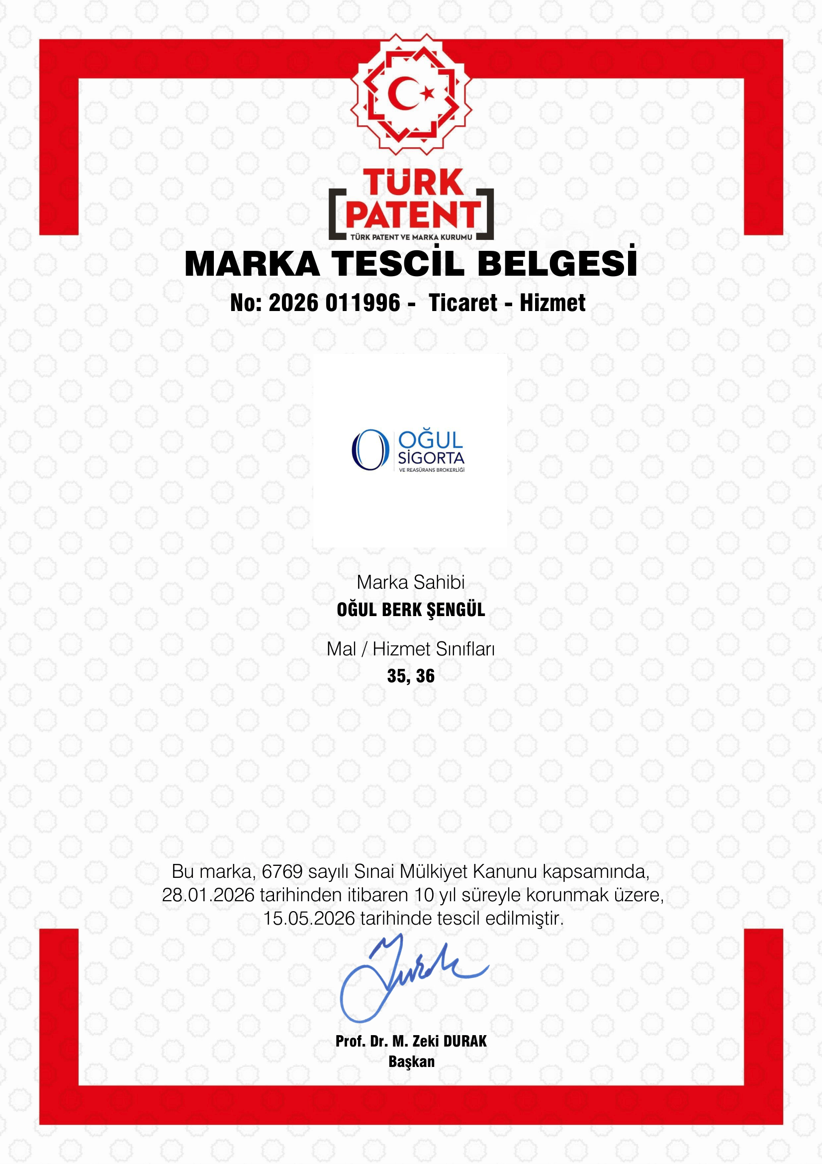 Oğul Sigorta ve Reasürans Brokerliği marka tescil belgesi No: 2026/011996